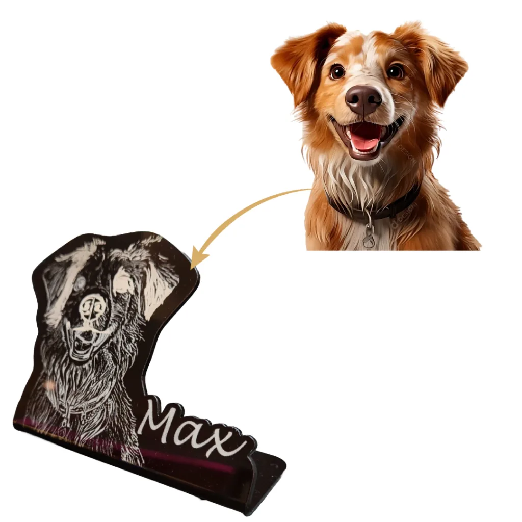 Placa com a foto de um cachorro