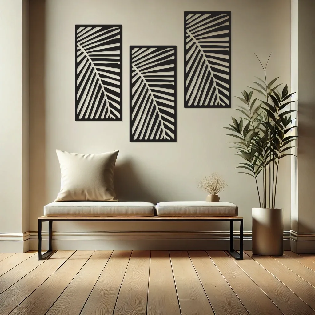 Painel decorativo de folhas de palmeira na parede